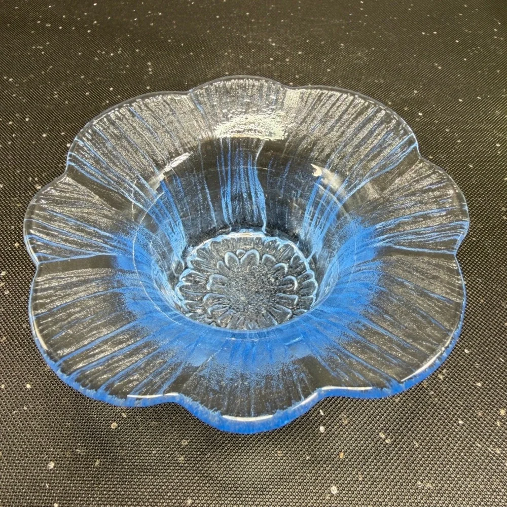 Lasisepat Mantsala Finland Blue Flower Art Glass Votive Candle Holder Vintage
